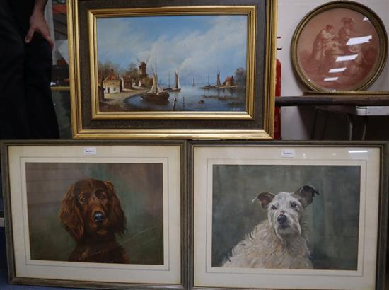 B* Knight (20th century), Dutch canal scene, oil on board, 27 x 42cm and two watercolour dog portraits by Richard Britton (b. 1931), 31